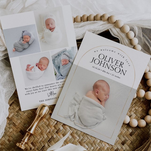 Modern Simple Golden Arch Baby Photo Birth Announcement (Creator Uploaded)