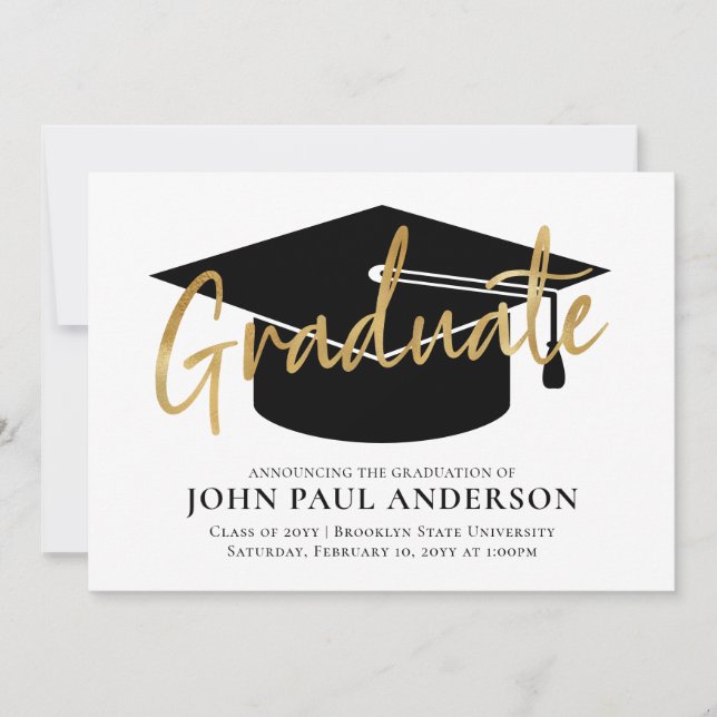 Modern Simple Graduate Gold Grad Cap Graduation Announcement (Front)