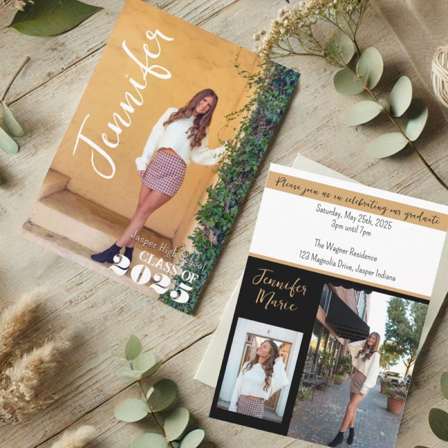Modern Simple Graduate Photo Name Black Gold Invitation (Creator Uploaded)