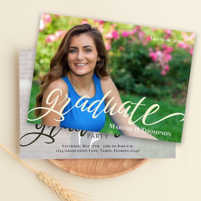 Modern Simple Graduation Photo Script Announcement (Modern simple graduation photo card with elegant script, perfect for announcements and keepsakes.)