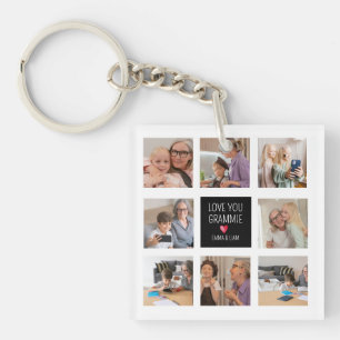 Modern Simple Grandma Heart 8 Photo Collage Custom Key Ring