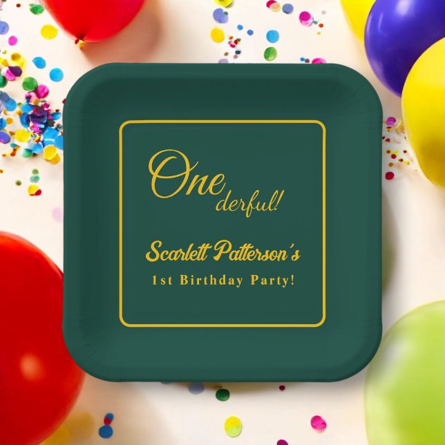 Modern Simple Green And Gold Elegant 1st Birthday Paper Plate (Creator Uploaded)