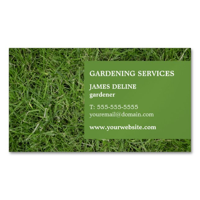 Modern Simple Green Grass Gardener Magnetic Business Card (Front)