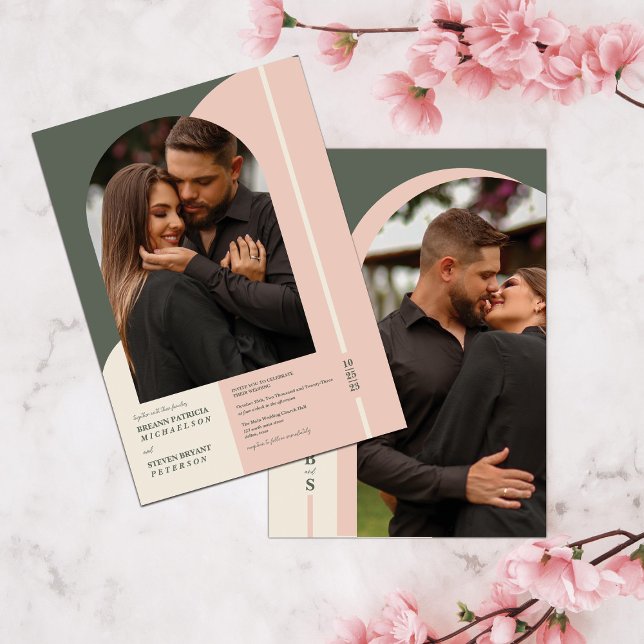 Modern Simple Green Pink Colour Block Photo Weddin Invitation (Creator Uploaded)
