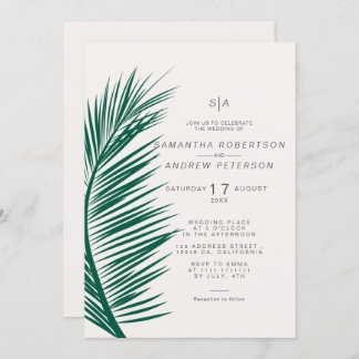 Modern simple grey palm leaf soft pink wedding invitation