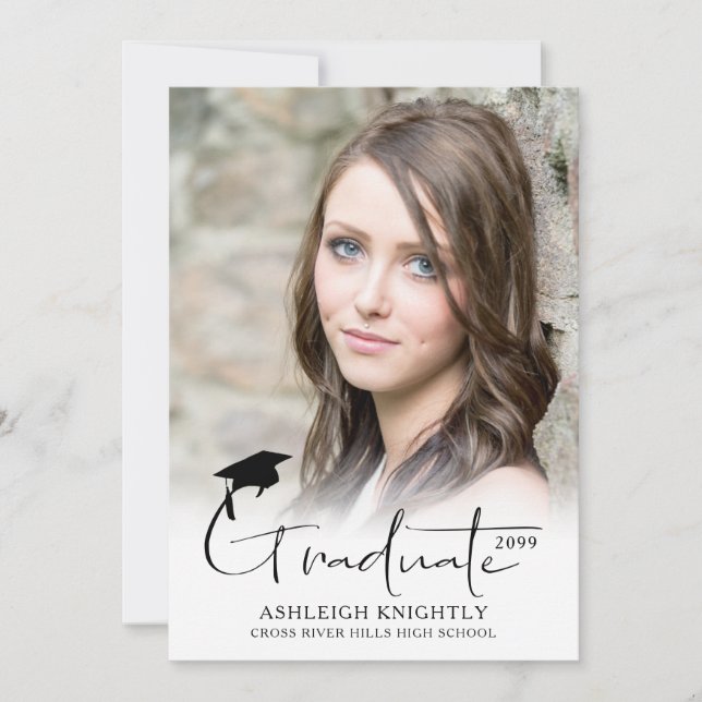 Modern Simple Handwritten Script Graduate 2 Photo Announcement (Front)
