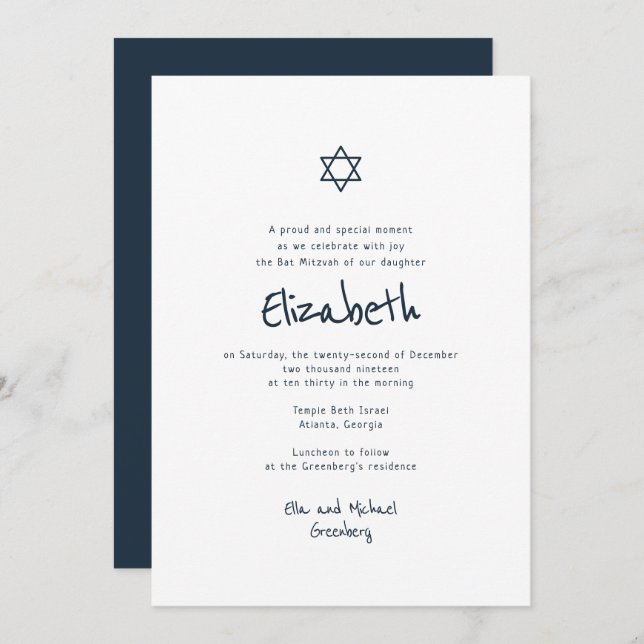 Modern Simple Handwritten Typography Bat Mitzvah Invitation (Front/Back)