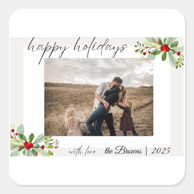Modern Simple Happy Holidays Family Photo Card Square Sticker (Front)
