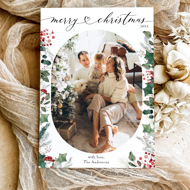 Modern Simple Heart 1 Photo Oval Christmas Card (Creator Uploaded)