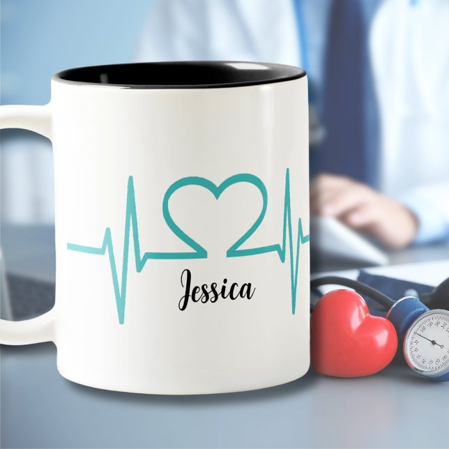Modern Simple Heart Nurse Doctor Medical Two-Tone Coffee Mug (Modern Simple Heart Beat Nurse Doctor Medical Two-Tone Coffee Mug)