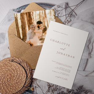 Modern Simple Ivory Taupe Photo Wedding Invitation
