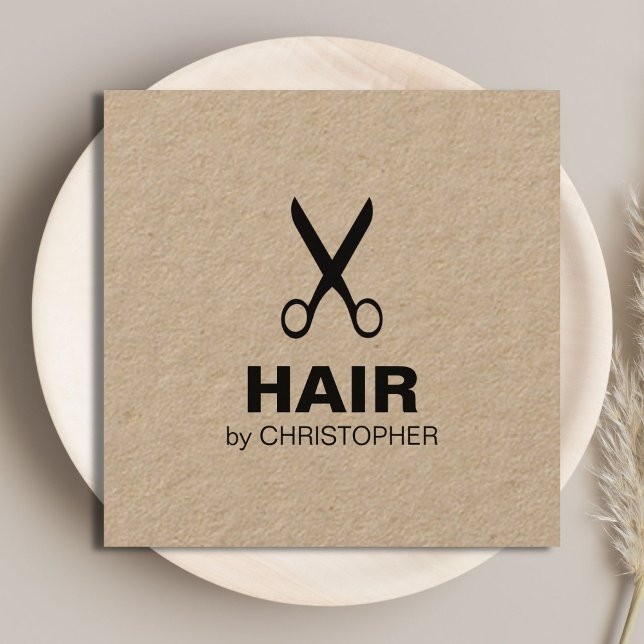 Modern Simple Kraft Black Hair Stylist Square Business Card (Creator Uploaded)