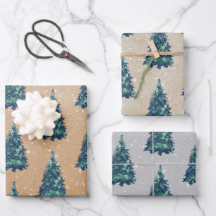 Modern Simple Kraft Snowy Green Christmas Trees Wrapping Paper Sheet