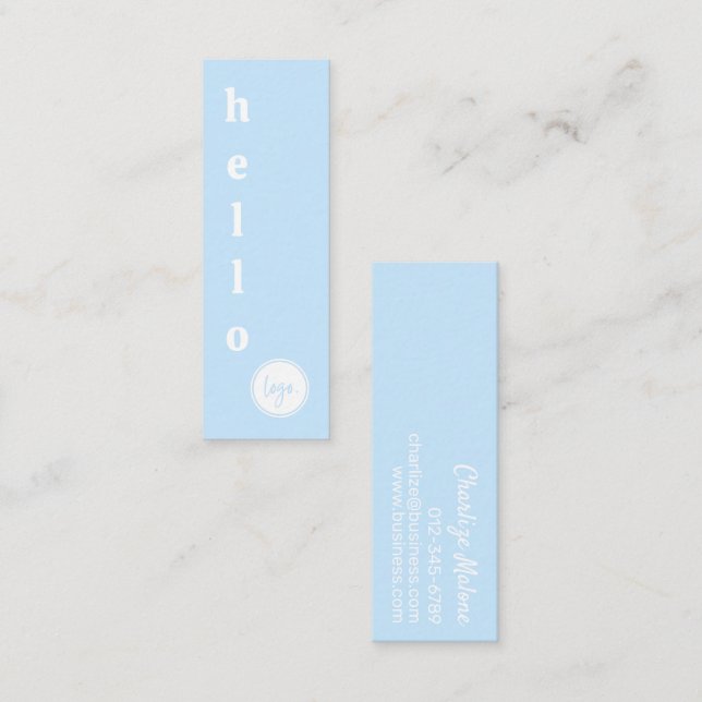 MODERN SIMPLE LARGE HELLO SCRIPT OWN LOGO BLUE MINI BUSINESS CARD (Front/Back)