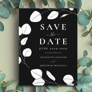 Modern Simple Leaf Black and White Wedding Announcement Postcard