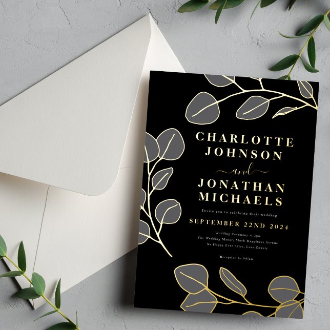 Modern Simple Leaves Black Grey Gold (Minimalist leaves modern stylish black gray and gold foil wedding invitation )