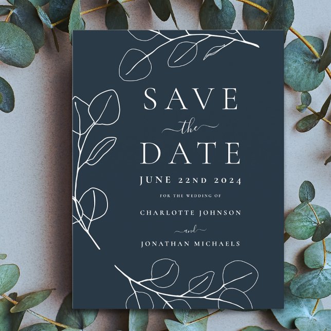 Modern Simple Leaves Navy Blue Wedding Announcement Postcard (Minimalist leaves stylish typography navy blue wedding save the date budget invitation postcard )