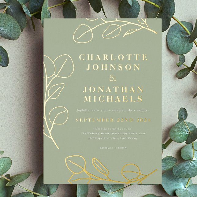 Modern Simple Leaves Sage Green and Gold (Minimalist leaves Stylish sage green and gold foil wedding invitation )