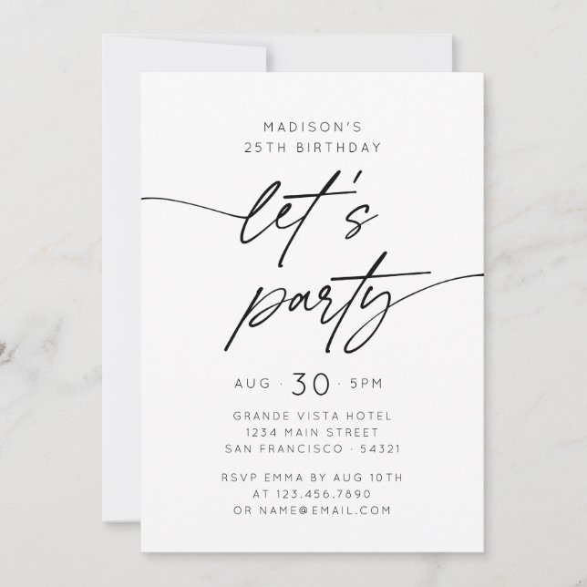 Modern Simple Let's Party Script Birthday Photo Invitation (Front)