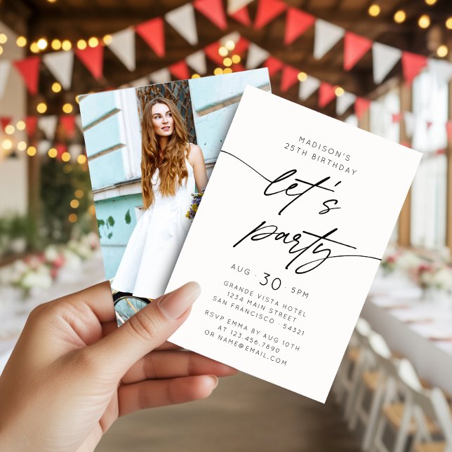 Modern Simple Let's Party Script Birthday Photo Invitation (Creator Uploaded)