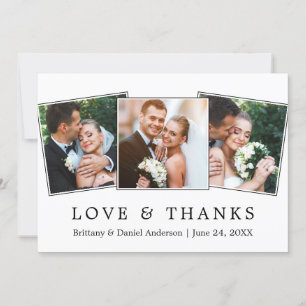 Modern Simple Love Thanks 3 Photo Wedding Thank You Card