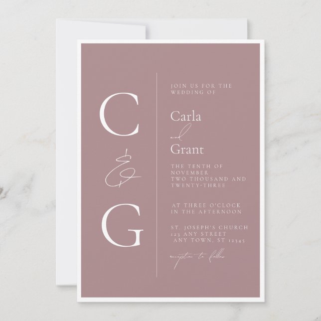 Modern Simple Mauve Pink Large Monogram Wedding Invitation (Front)