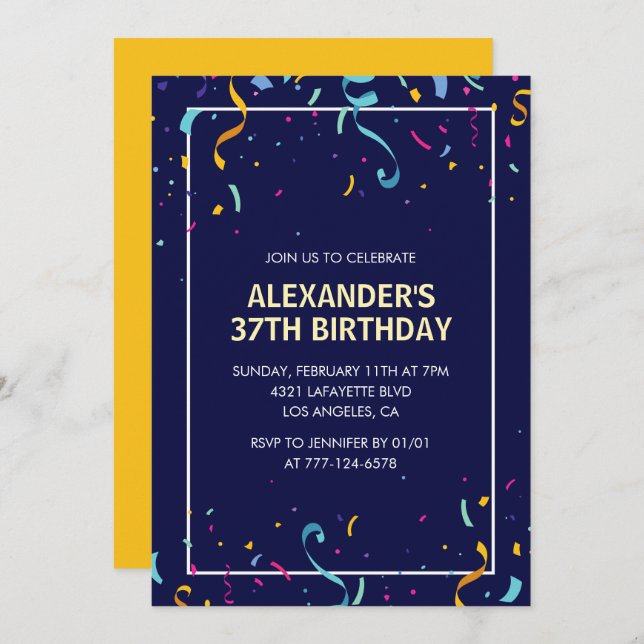 Modern Simple Men Confetti 37th birthday Invitation (Front/Back)