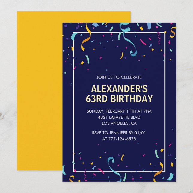 Modern Simple Men Confetti 63rd birthday Invitation (Front/Back)