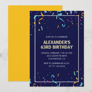 Modern Simple Men Confetti 63rd birthday Invitation