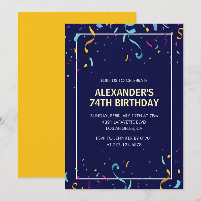 Modern Simple Men Confetti 74th birthday Invitation (Front/Back)