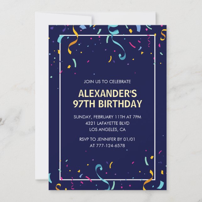 Modern Simple Men Confetti 97th birthday Invitation (Front)
