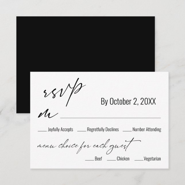 Modern Simple Menu Choice Black Wedding RSVP Card (Front/Back)