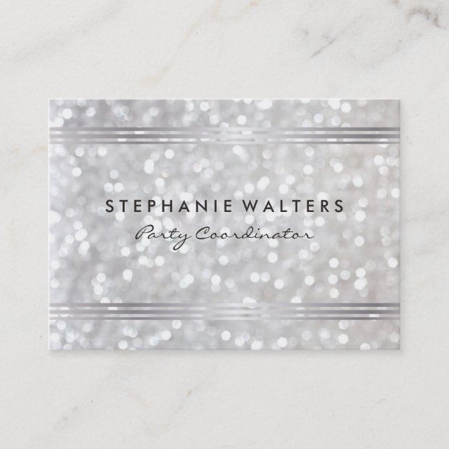 Modern Simple Metallic Silver and Glitter Business Card (Front)
