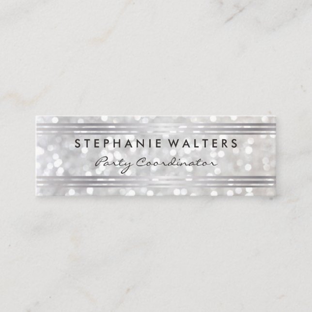 Modern Simple Metallic Silver and Glitter Mini Business Card (Front)