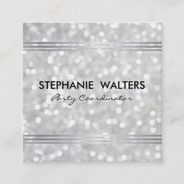 Modern Simple Metallic Silver and Glitter Square Business Card (Front)