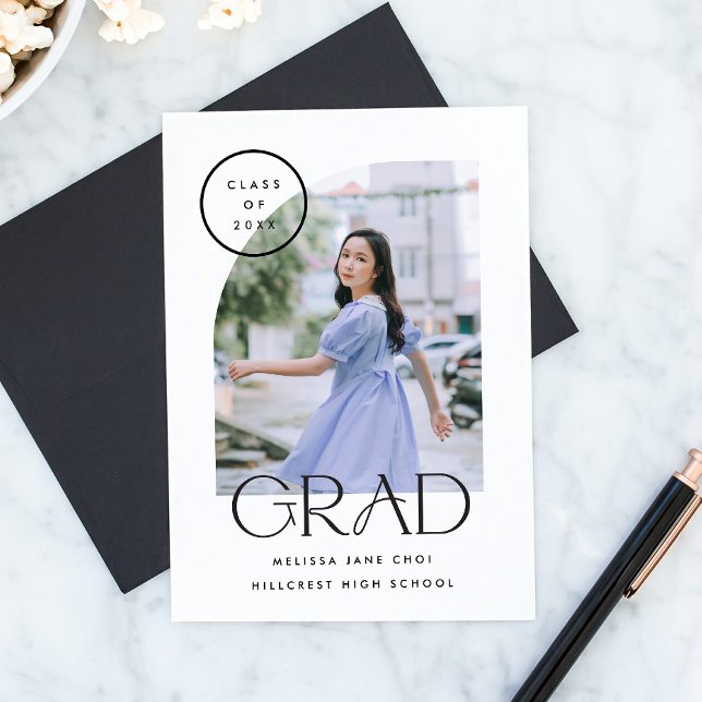 Modern Simple Minimal Curved Arch Graduation Announcement (modern, simple, minimalist graduation photo announcement with curved arch photo frame)