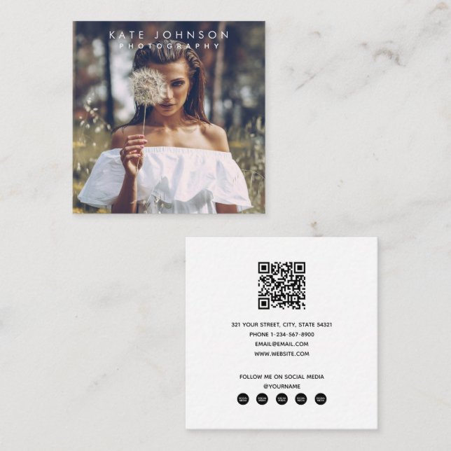 Modern Simple Minimal Photo QR Code Social Media Square Business Card (Front/Back)