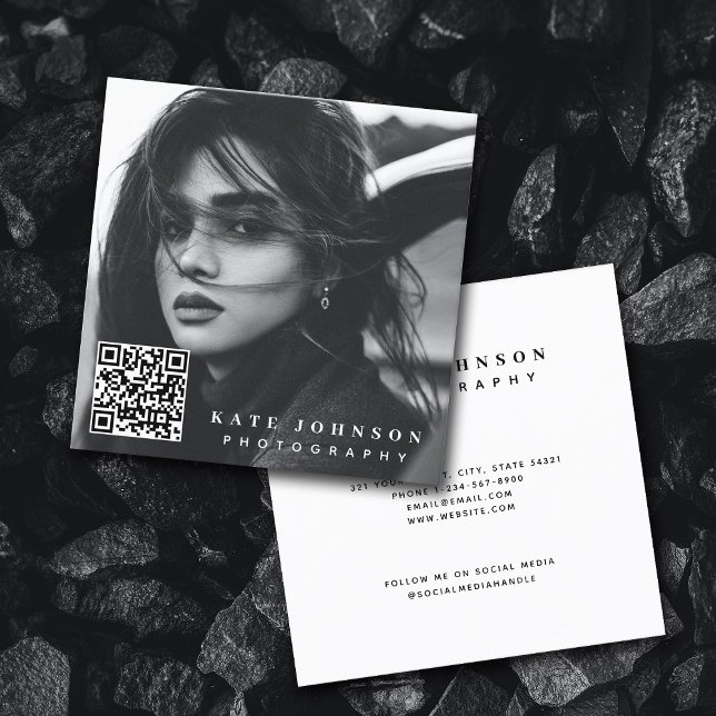 Modern Simple Minimal Photo QR Code Social Media  Square Business Card (Creator Uploaded)