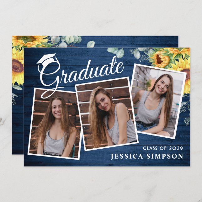 Modern Simple Minimalist 3 PHOTO Graduation Party Invitation (Front/Back)