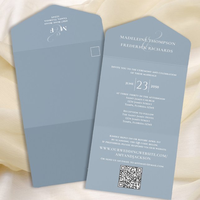 Modern Simple Minimalist Dusty Blue | QR Code RSVP All In One Invitation (Creator Uploaded)
