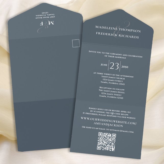 Modern Simple Minimalist Dusty Grey | QR Code RSVP All In One Invitation (Elegant All in One invitation with a slate blue background and QR code. )
