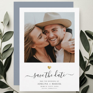 Modern Simple Minimalist Gold Dusty Blue Script Save The Date