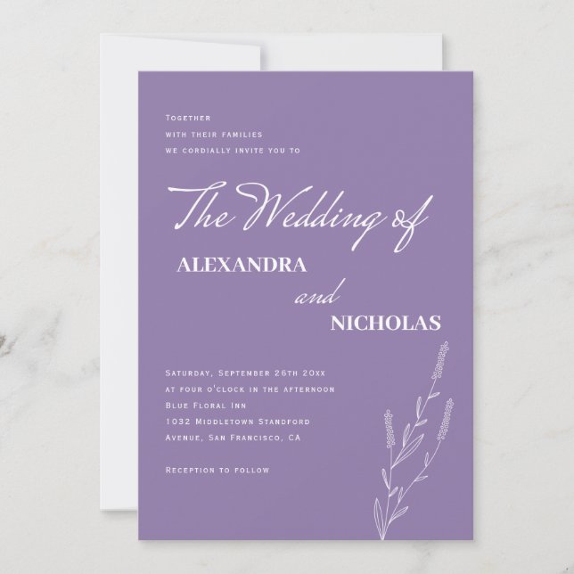 Modern Simple Minimalist Lavender Floral Wedding Invitation (Front)