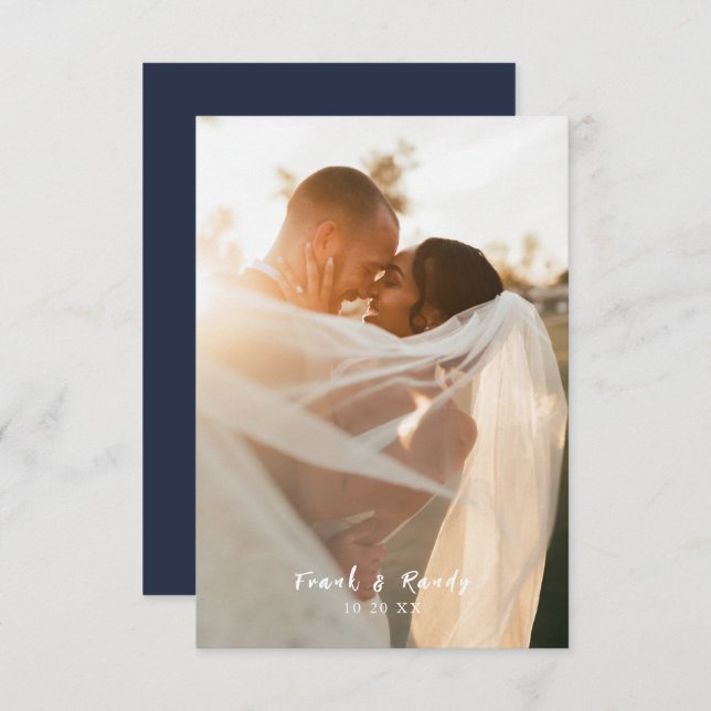 Modern Simple Minimalist Navy Blue Photo Wedding Thank You Card (Front/Back)