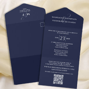 Modern Simple Minimalist Navy Blue QR Code RSVP All In One Invitation