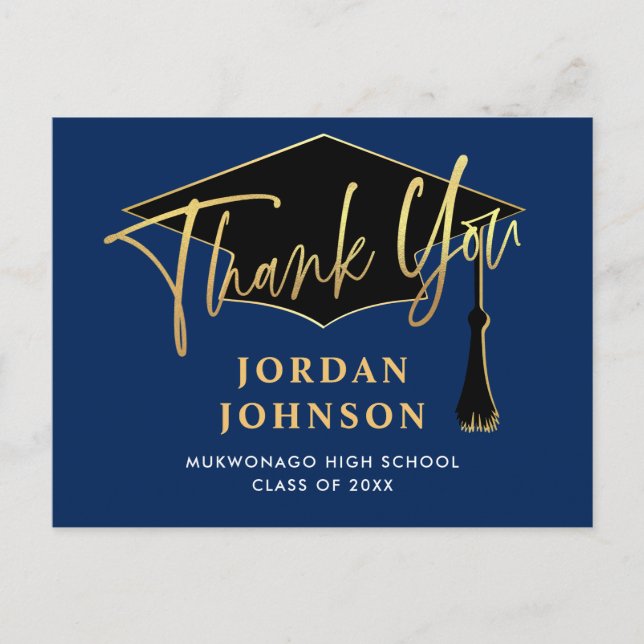 Modern Simple Minimalist Navy Graduation Thank You Postcard (Front)