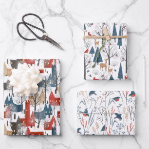 Modern Simple Minimalist Nordic Winter Town Forest Wrapping Paper Sheet