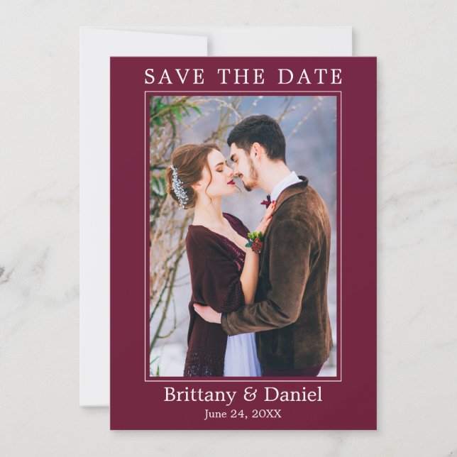 Modern Simple Minimalist Photo Burgundy Save The Date (Front)