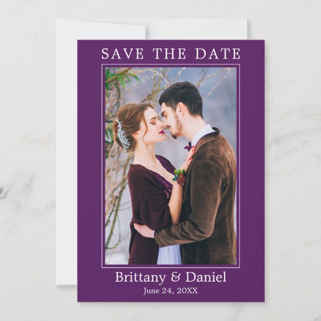 Modern Simple Minimalist Photo Purple Save The Date (Front)