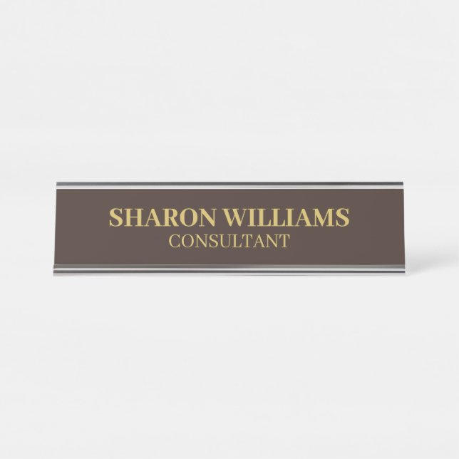 Modern Simple Minimalist Professional Brown Gold Desk Name Plate (Front)